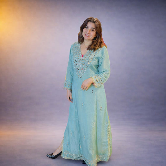 Elegant Aqua Blue Embroidered Long Kurta
