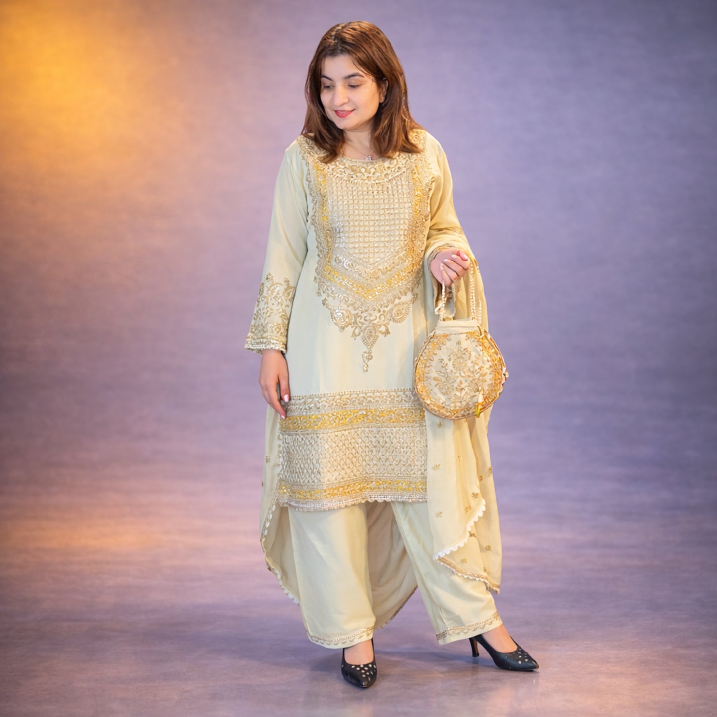 Elegant Cream Embroidered Ethnic Suit