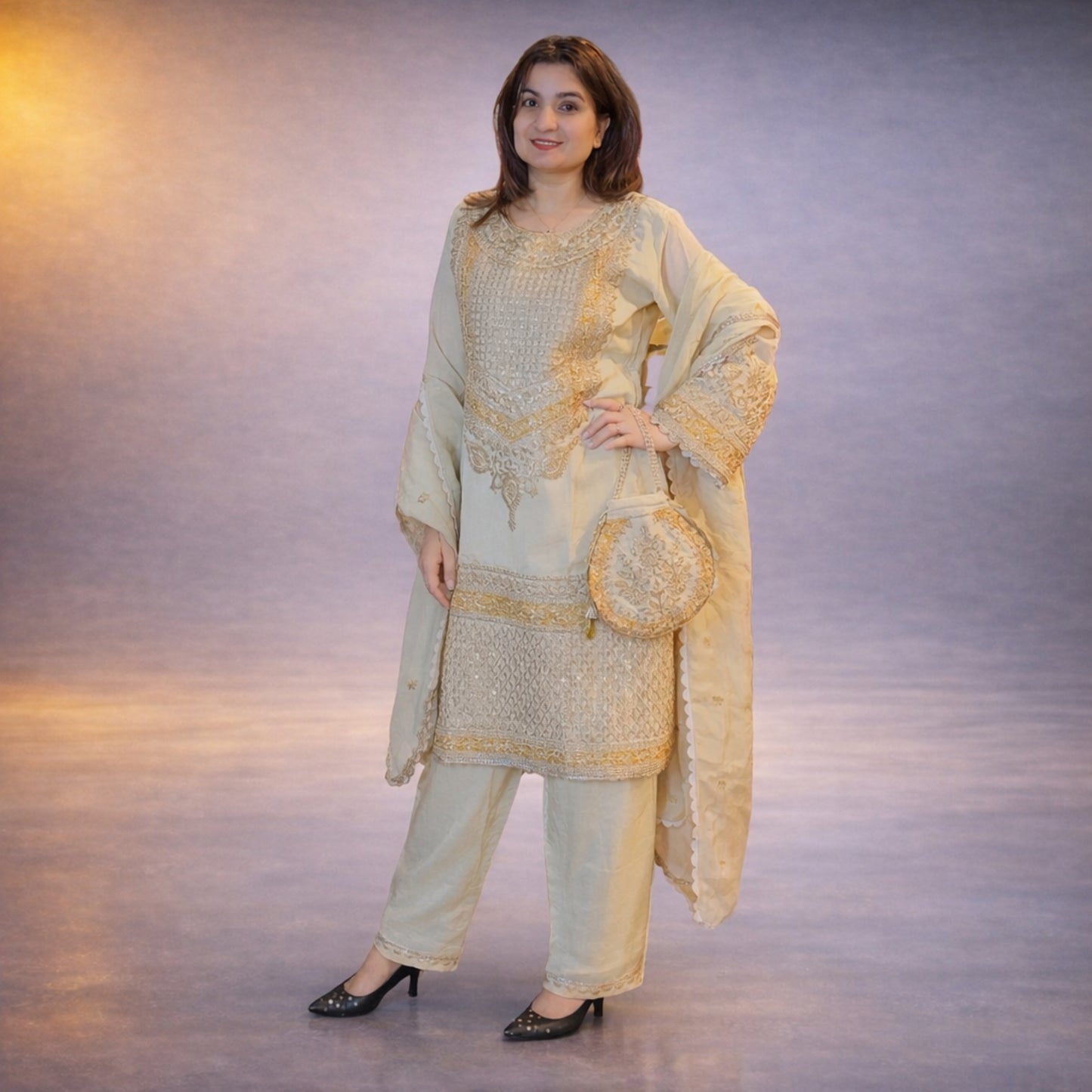 Elegant Cream Embroidered Ethnic Suit