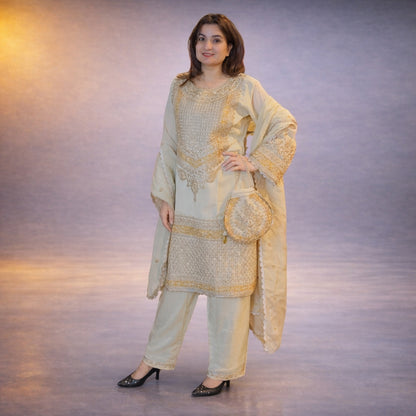 Elegant Cream Embroidered Ethnic Suit