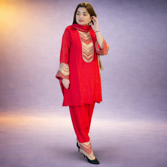 Elegant Red Embroidered Ethnic Suit